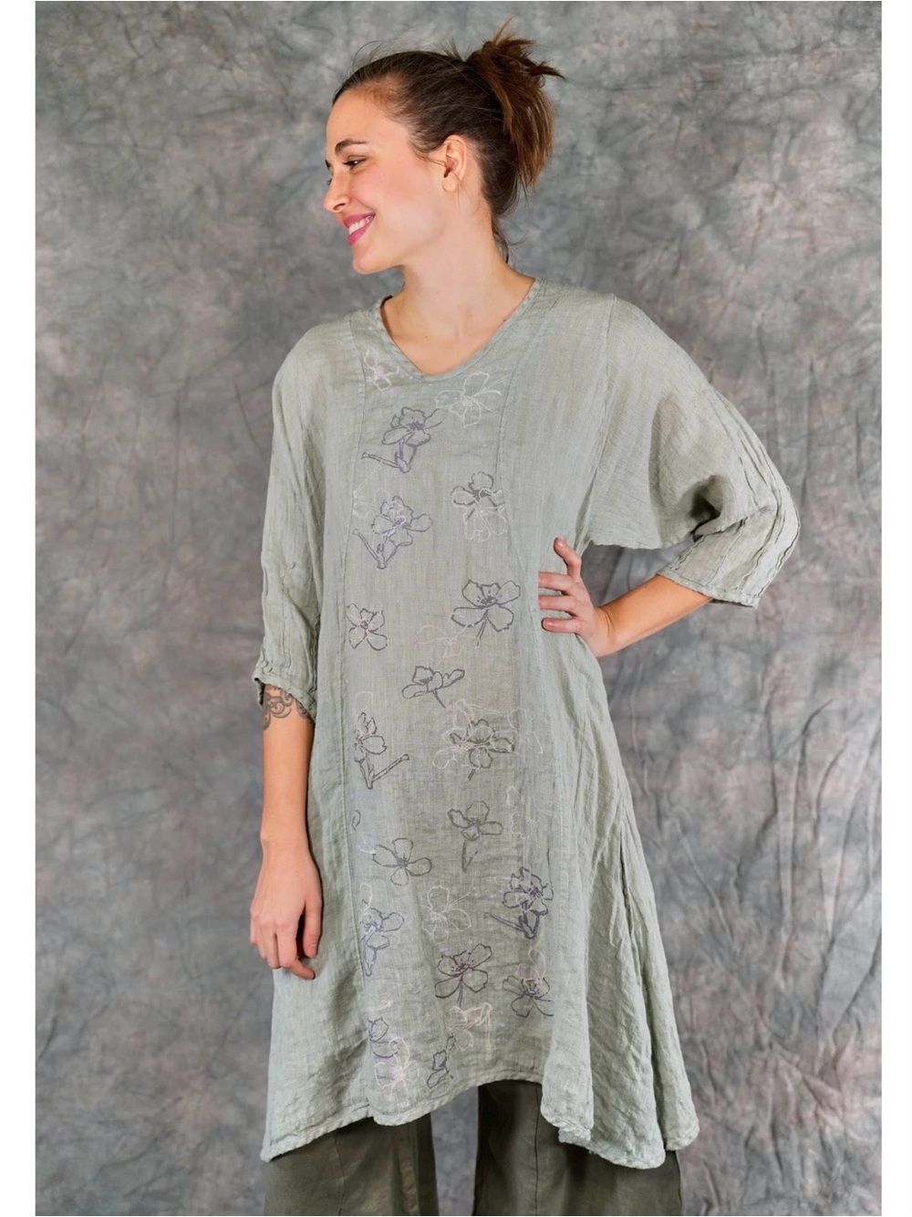 Blue Fish Top 2193 Venetian Tunic Eucalyptus 100% Linen Floral Lagenlook Sz 0